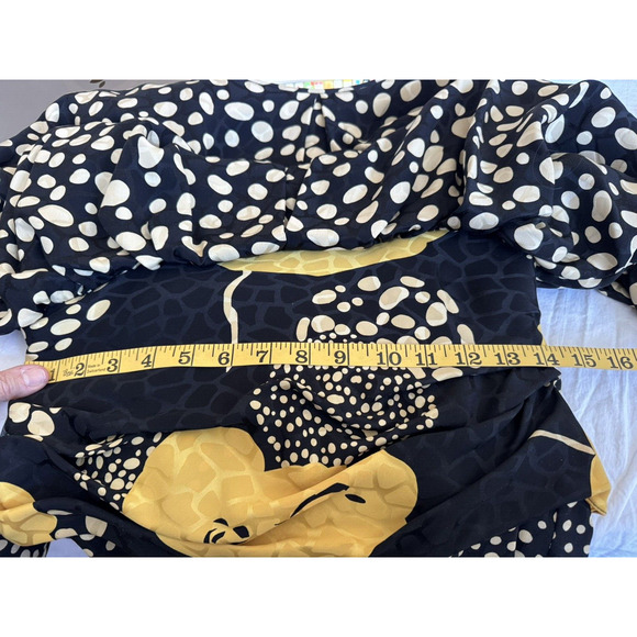 Vtg 80s 100% Silk Black Dress Yellow PolkaDot Ruched Blouson M 10 - Picture 9 of 13